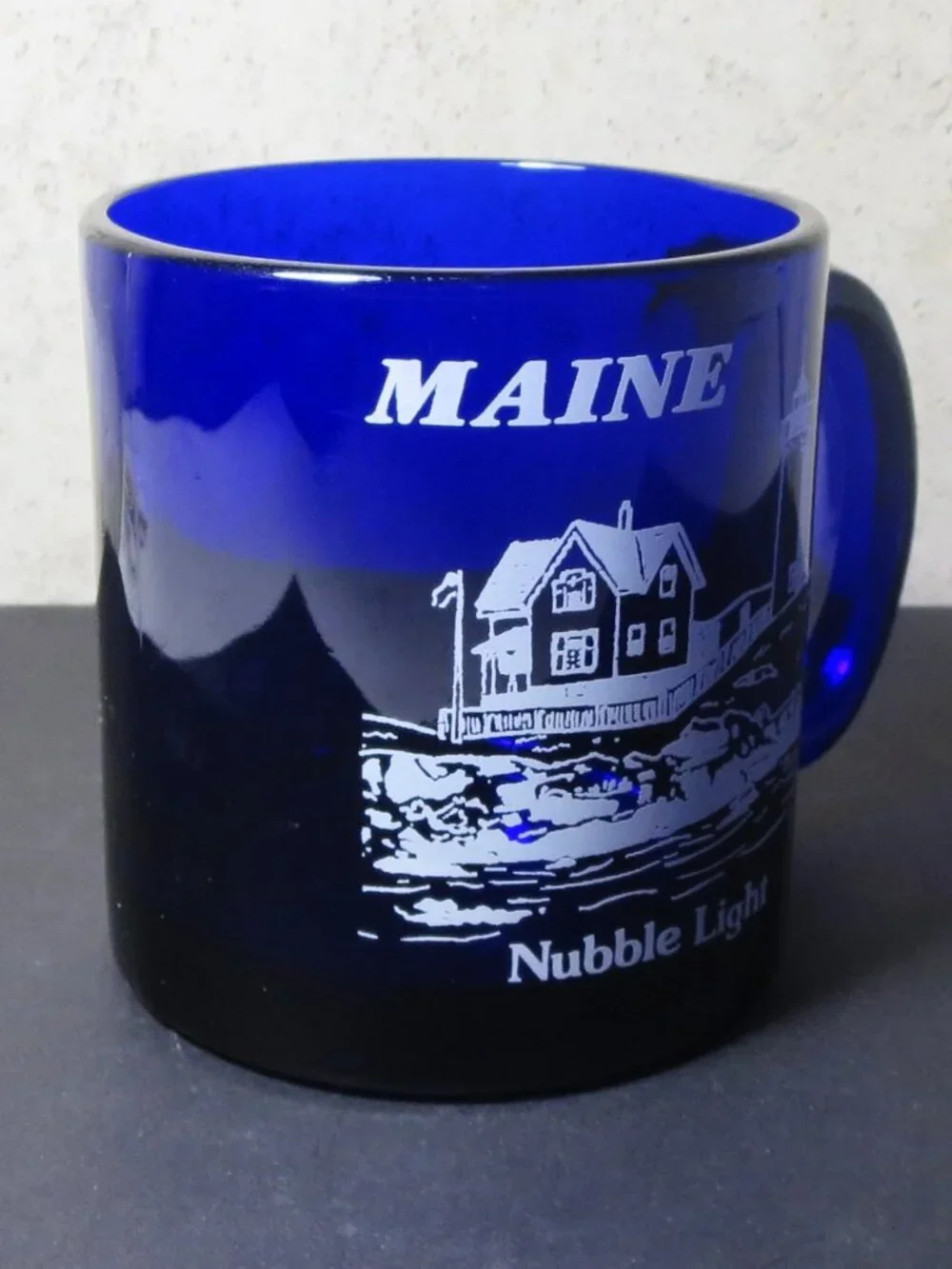 Blue Cobalt Glass Mug Nubble Light Cape Nedick Maine Souvenir Made USA